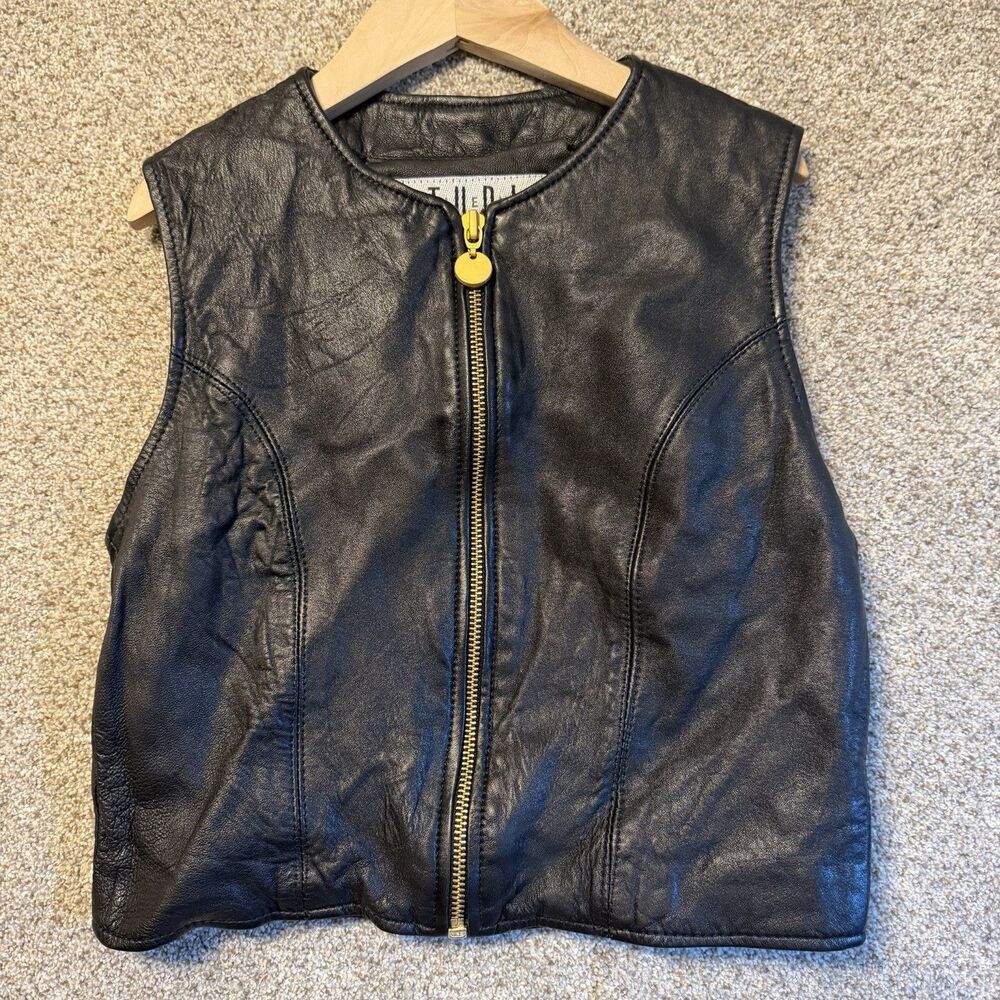 Black Leather Crop Vest Grunge Gold Zip Front Biker Moto Vtg Siena Studio Small